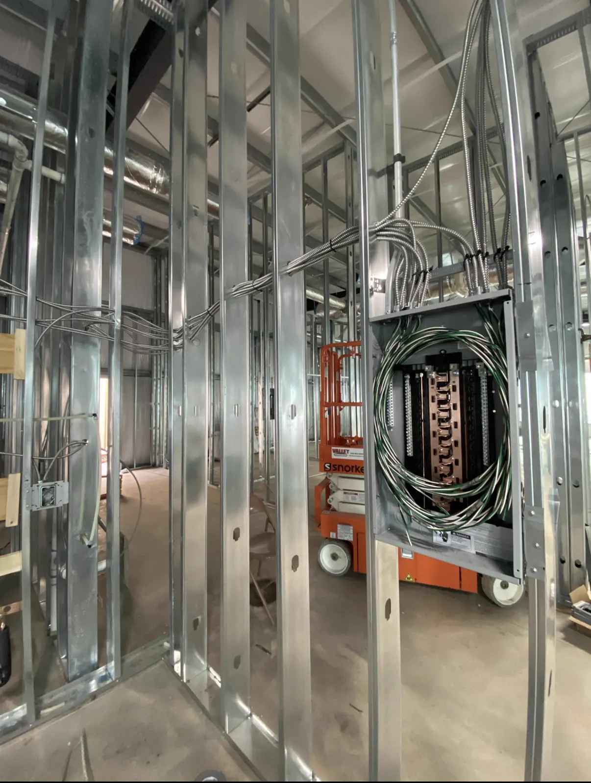 Commercial rough-in wiring and conduit in steel-stud framing